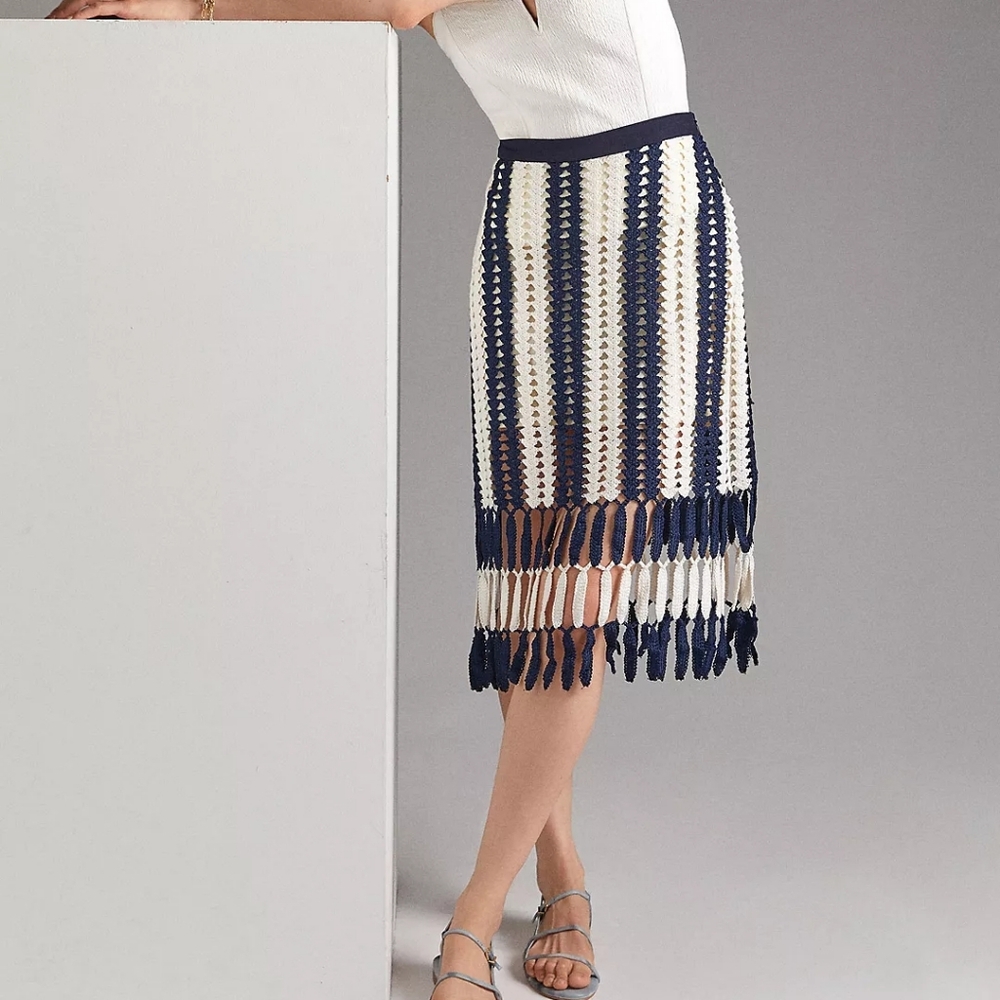 Anthropologie Eva Franco Navy & Cream Crochet Fringe Midi Skirt Size XS